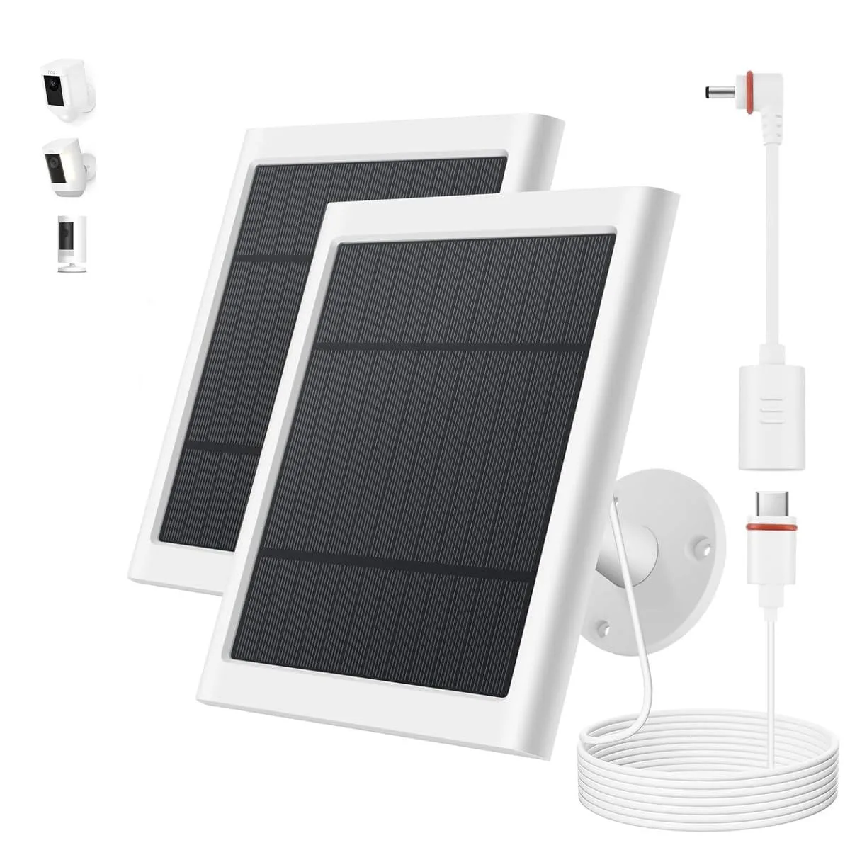 Two white rectangular solar panels with rotatable mounts and long cables