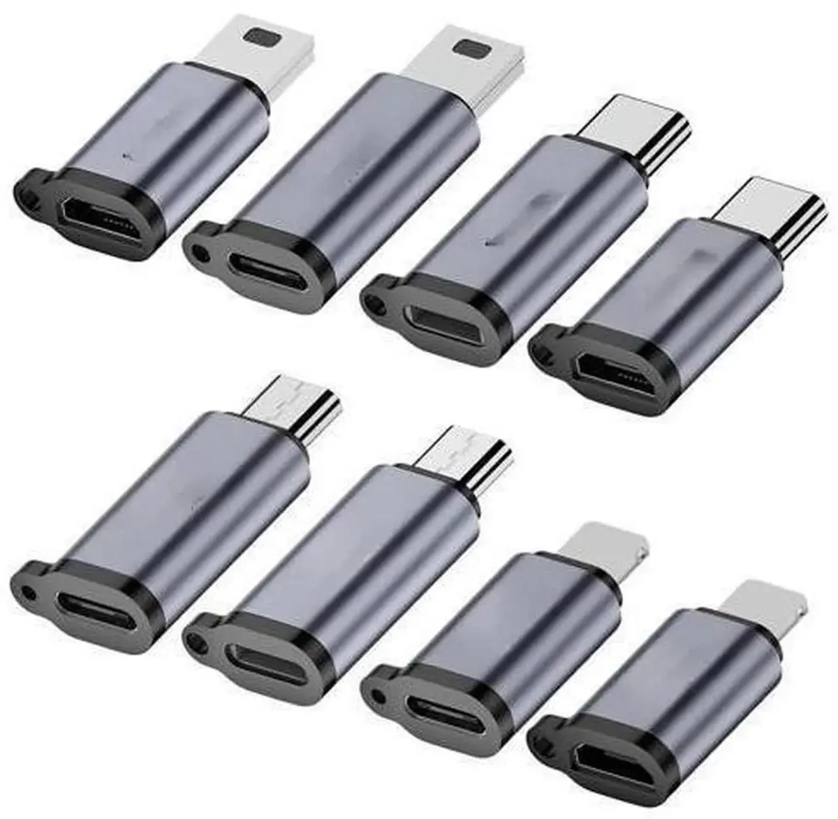 Eight tiny USB-C, Lightning and Micro-USB adapters in a row