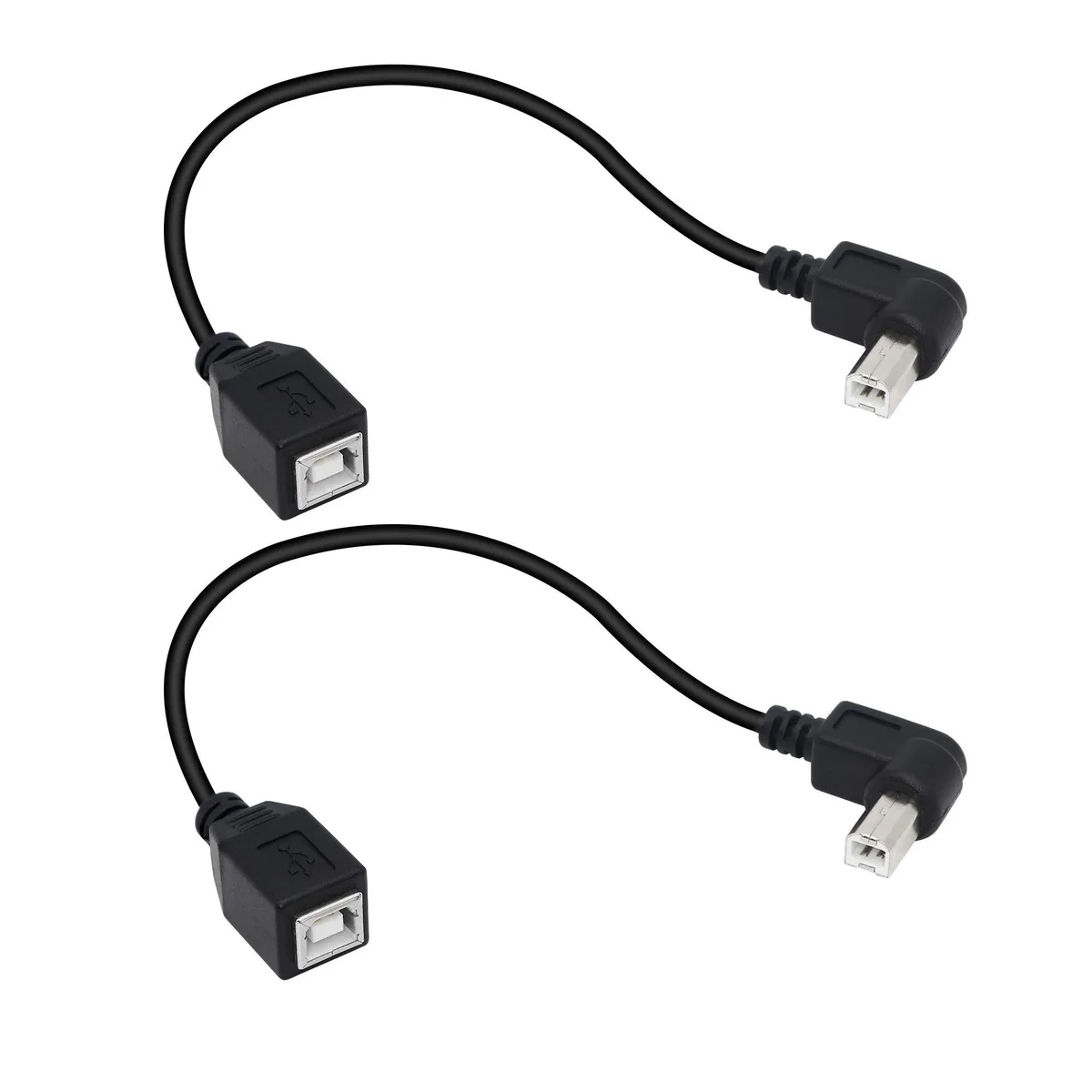 Two short black USB Type-B cables with left-angled male plugs and straight female sockets