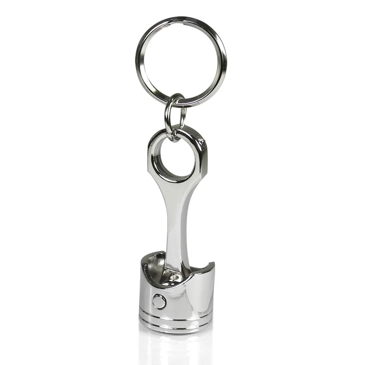 Chrome metal key chain shaped like a piston and connecting rod with a full-colour Ford Mustang logo under a clear dome