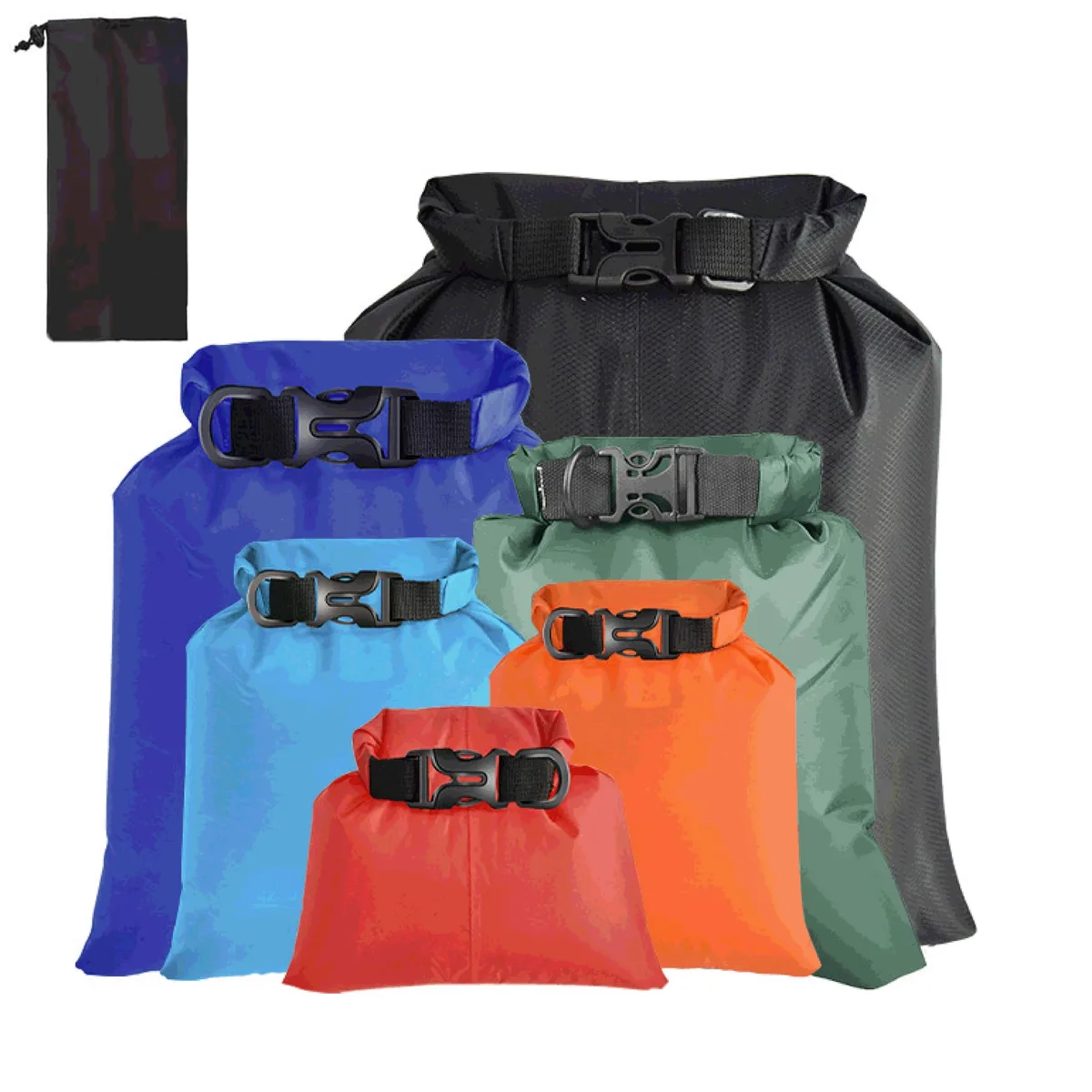 Six coloured polyester dry bags in a stack, roll-top closures with buckles, lightweight rectangular pouches