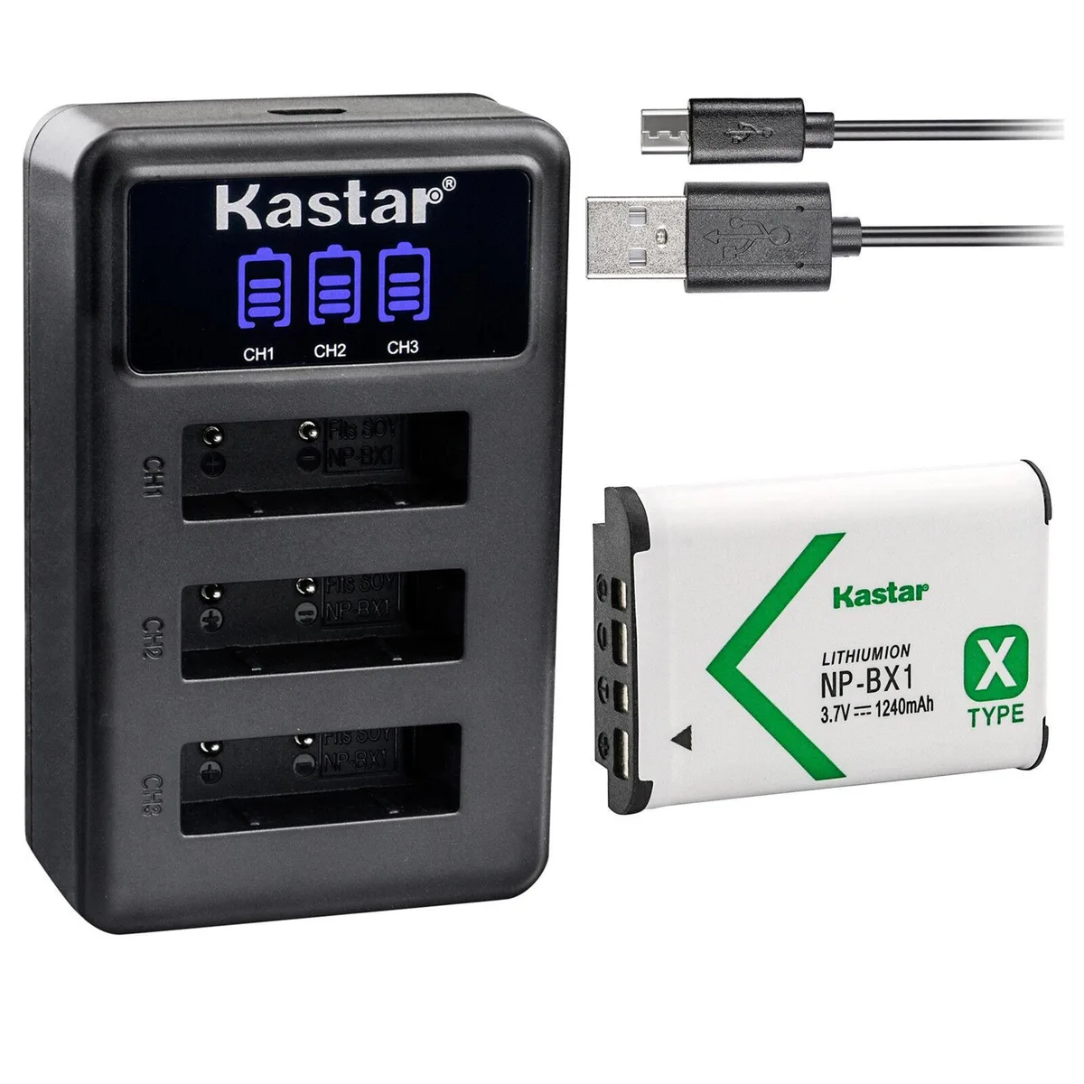 Kastar Kastar NP-BX1 Battery &amp; LCD Triple USB Charger for Sony HDR-PJ240E PJ270 PJ270E PJ405 PJ410 PJ440 ZV-1 ZV-1F — product photo