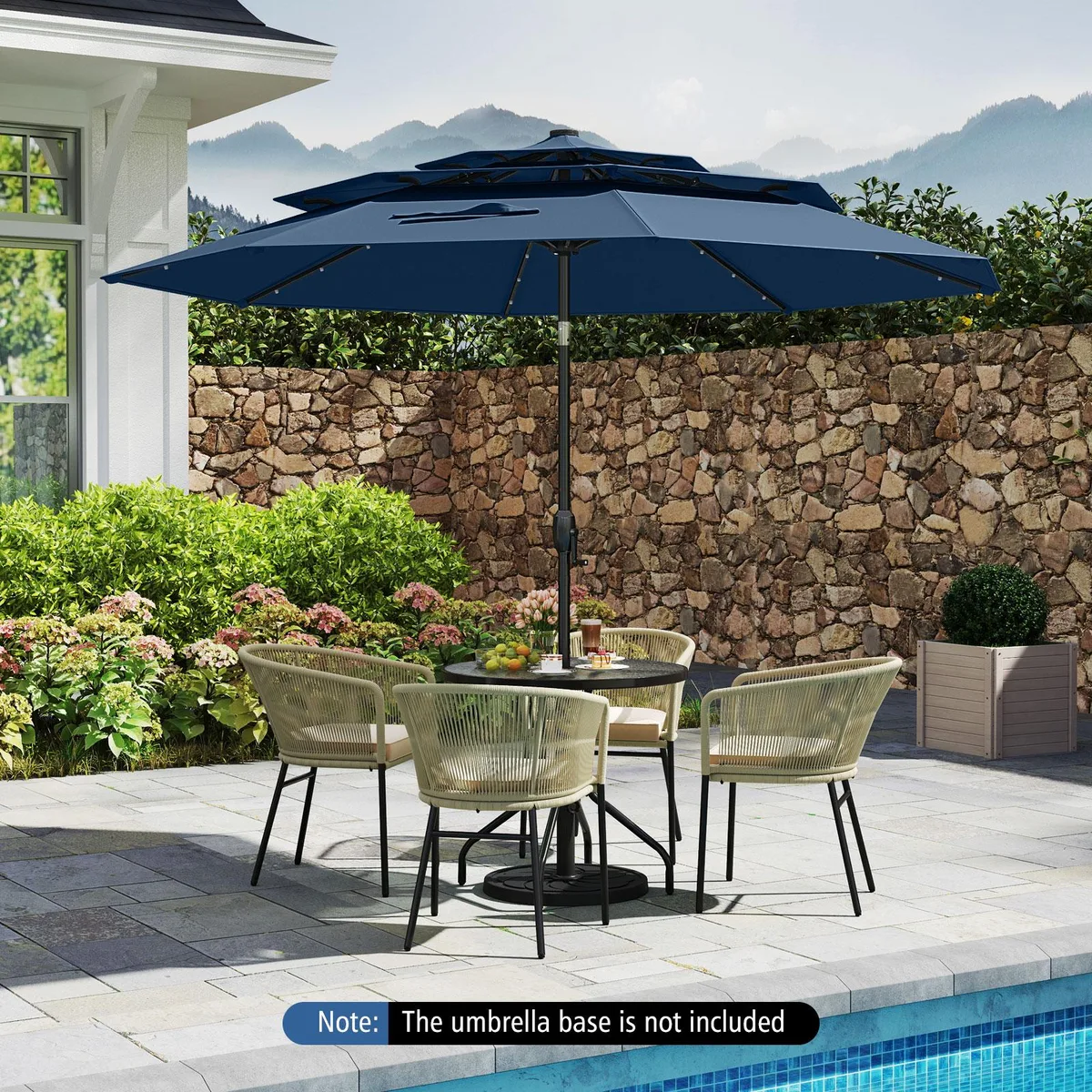 Navy 10 ft patio umbrella with 32 LED lights and solar panel on pole