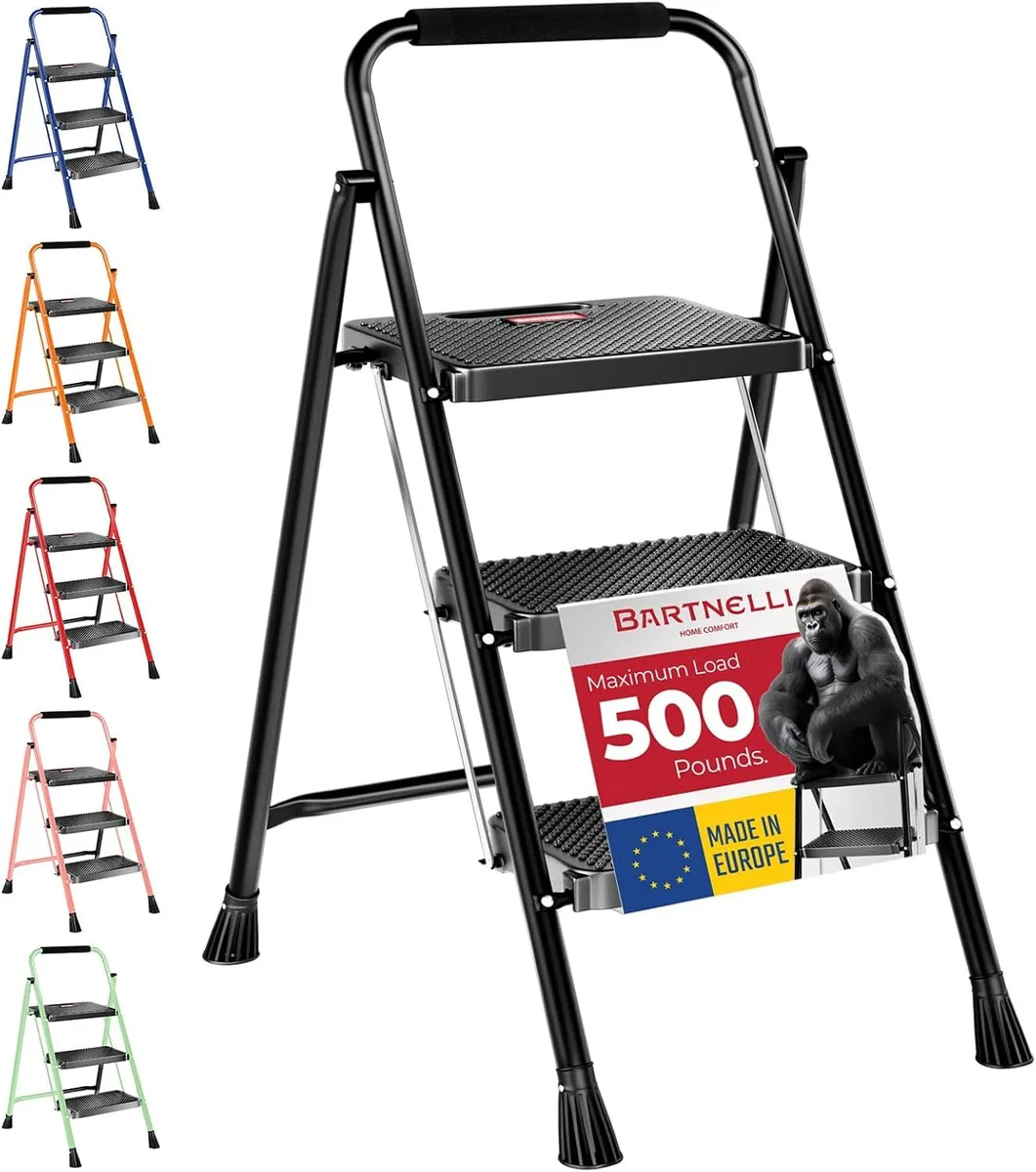 Three-step steel folding ladder, grey finish, slim profile