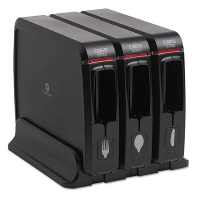 Three black cutlery dispensers in a triple pack