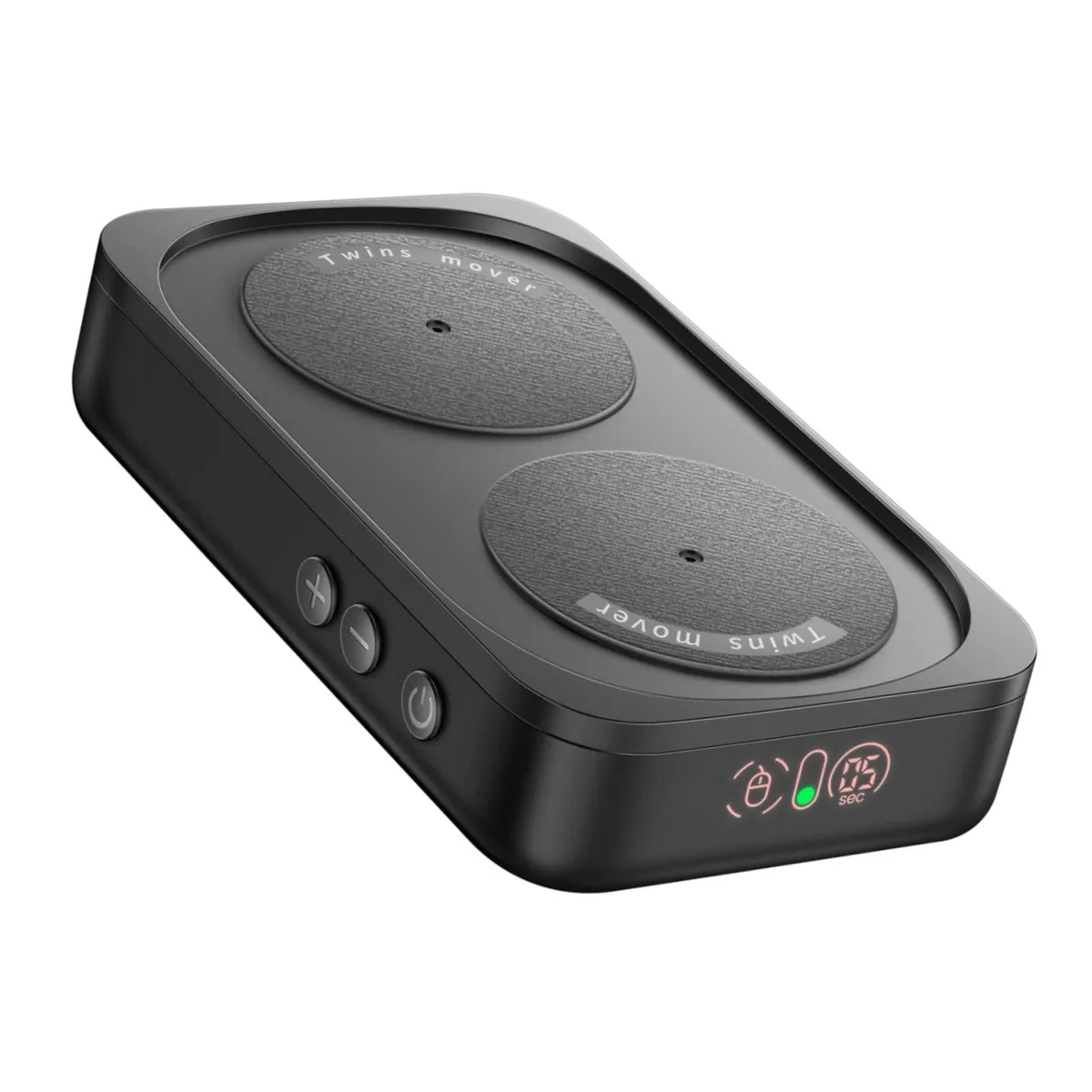 Black Keychron mouse jiggler with dual turntables, plastic top and silicone base, USB cable attached