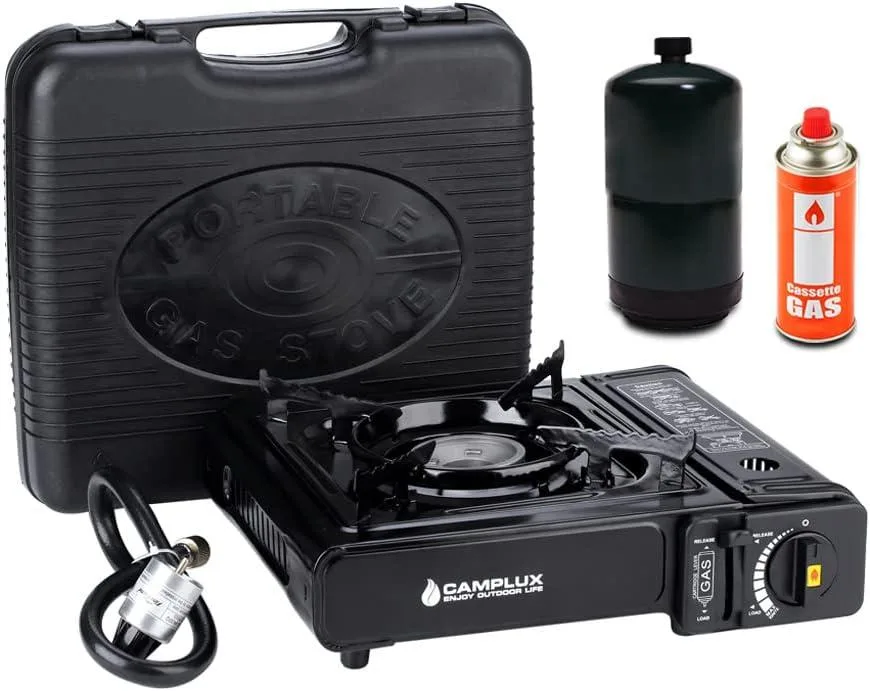 Compact dual-fuel camping stove in silver metal with black carry case