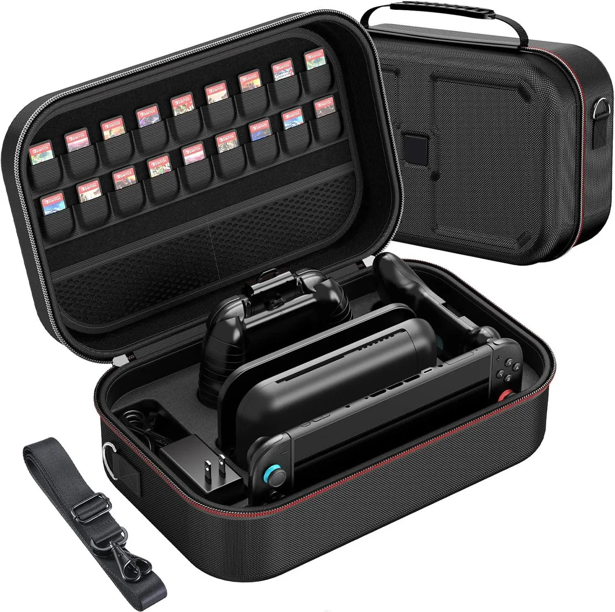 Black rectangular carry case with handle and shoulder strap, 18 game card slots visible inside