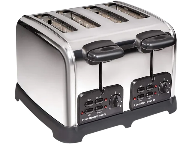 Stainless steel four-slice toaster with lever and control buttons