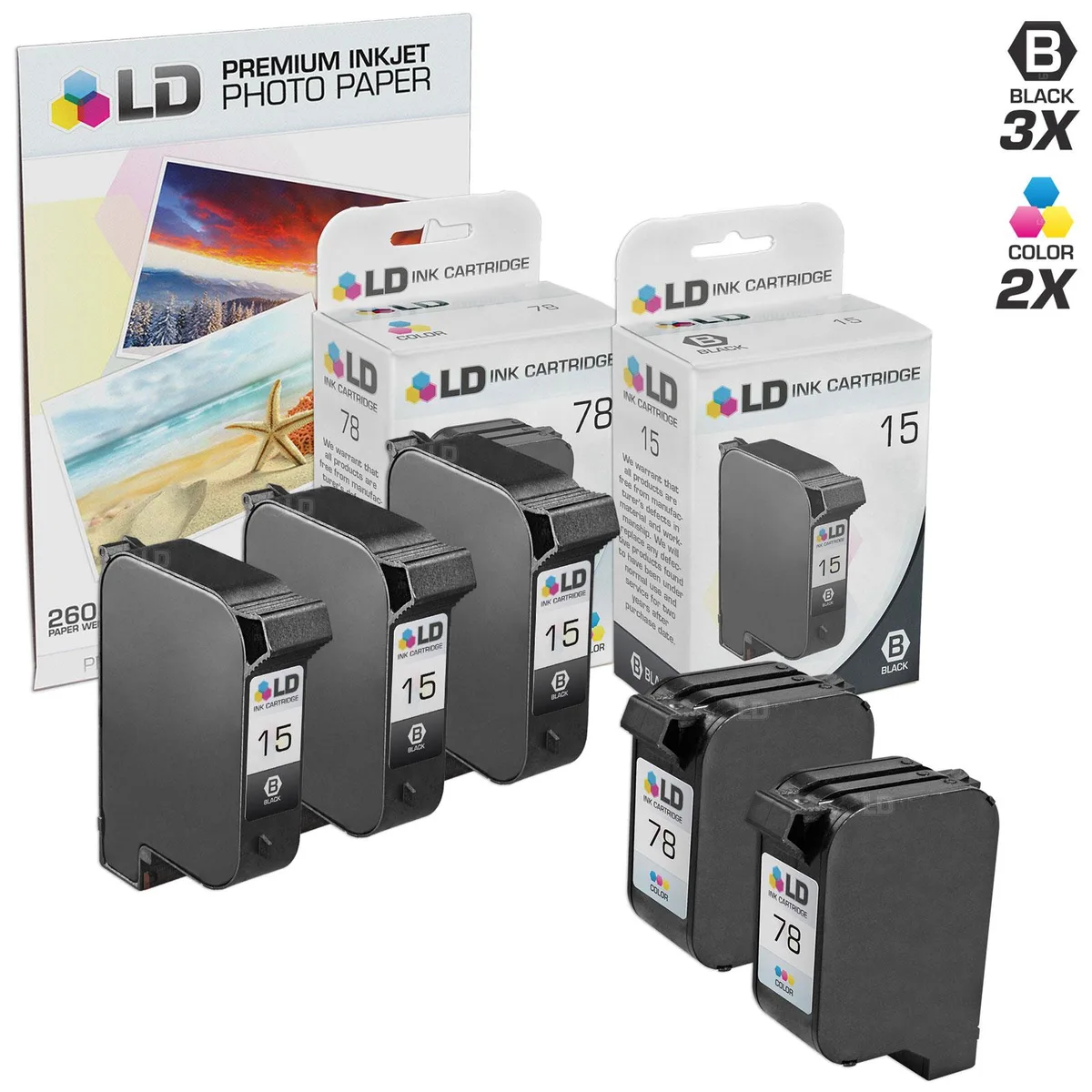 LD Products LD Products HP 15 &amp; 78 Ink Cartridges 3 Black 2 Color + 20 Photo Paper — product photo