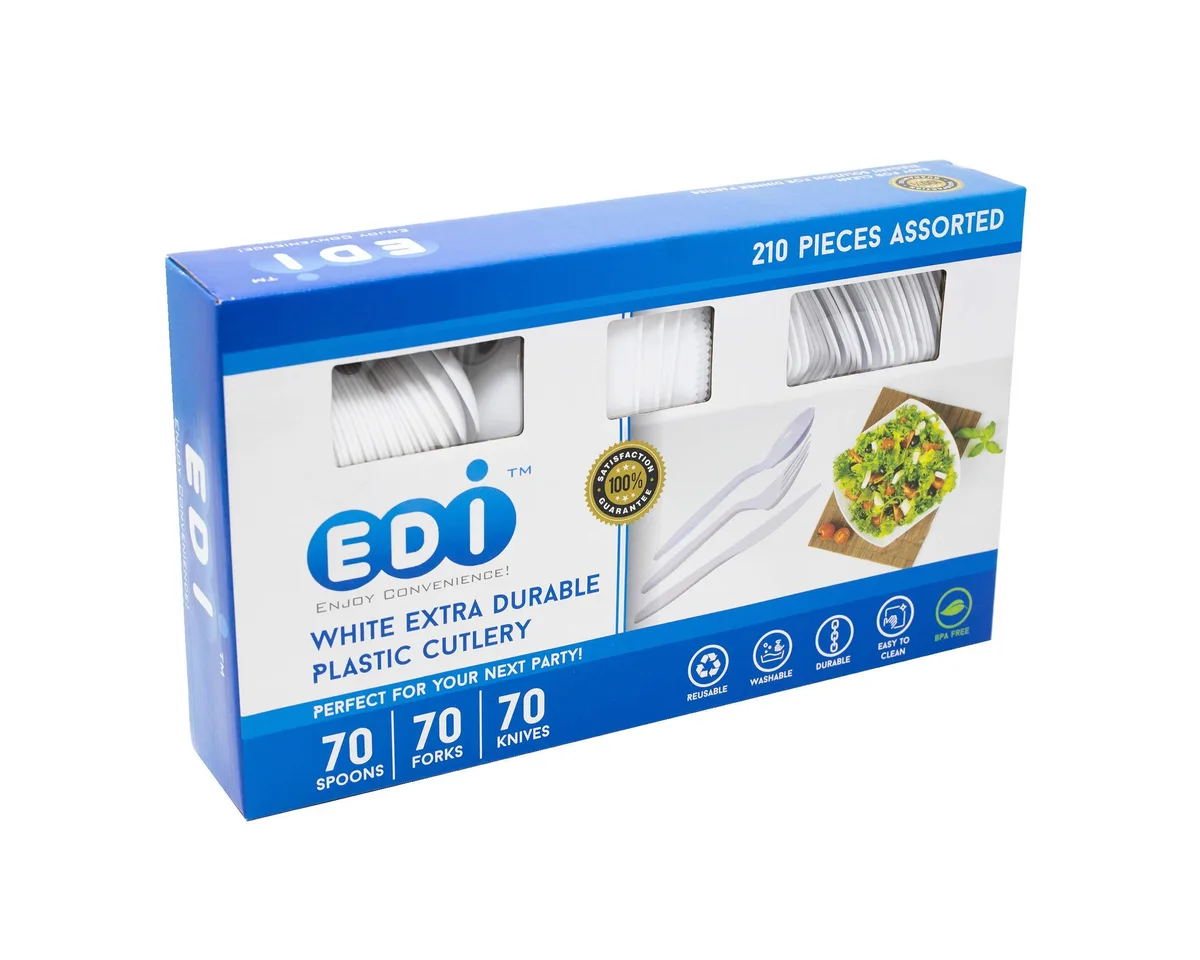White disposable plastic cutlery set 210 pieces in box