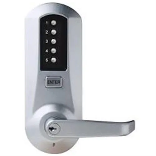 Satin chrome mechanical pushbutton door lock with lever handle