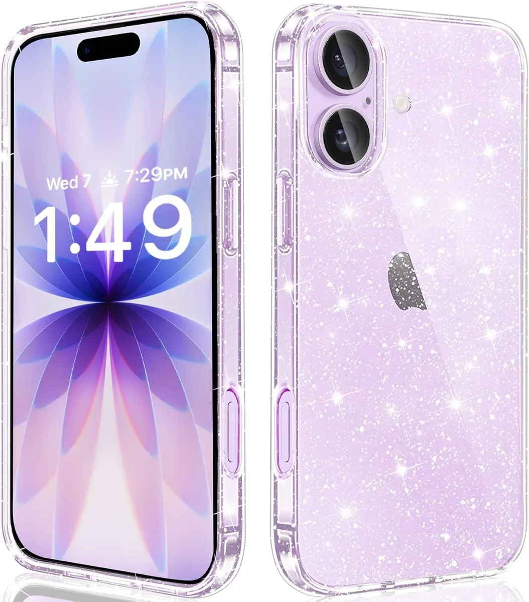 Clear glitter-infused TPU case for iPhone 17, transparent with sparkle, slim bumper style
