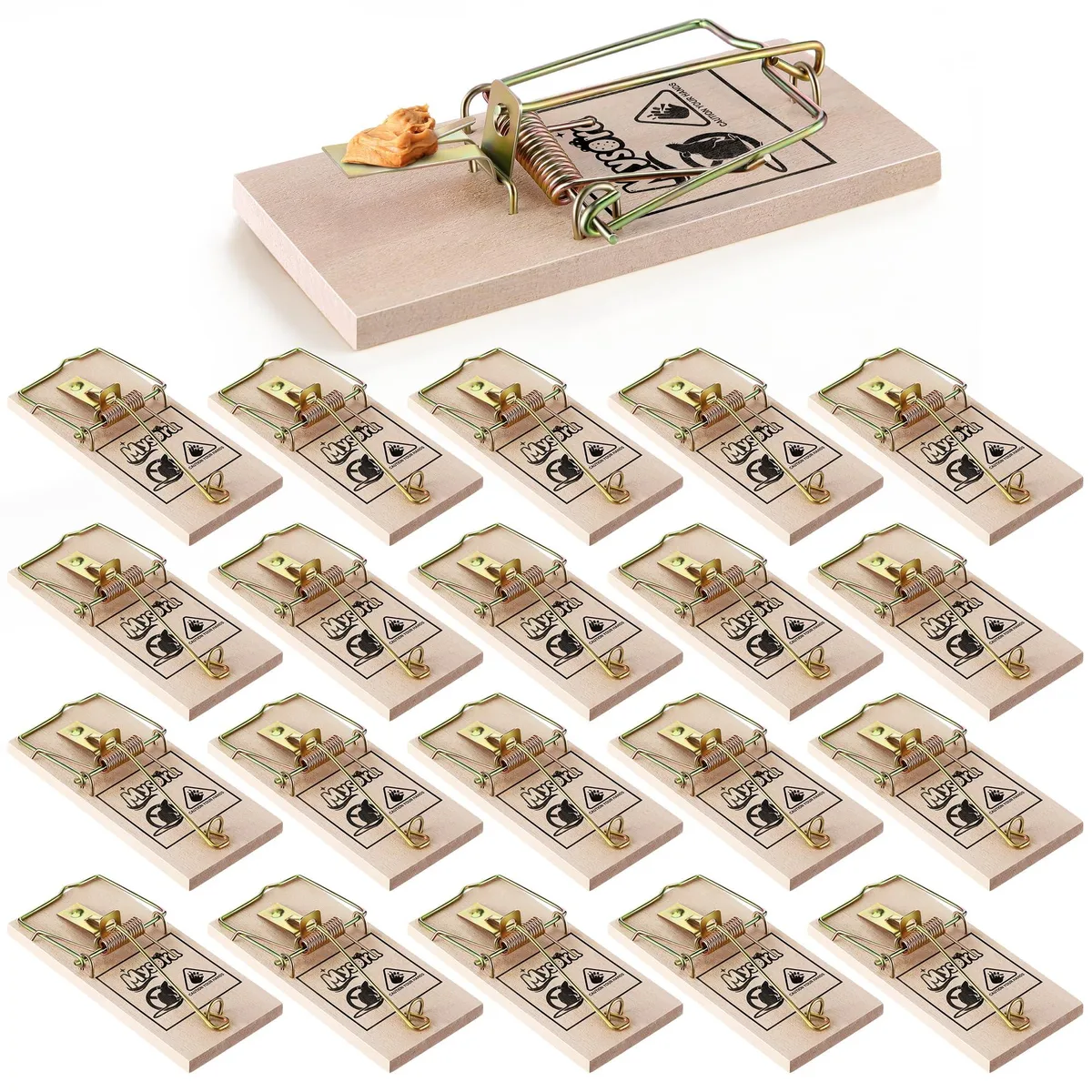 Pack of twenty wooden snap traps with metal pedals, 4 by 1.8 by 0.1 inches
