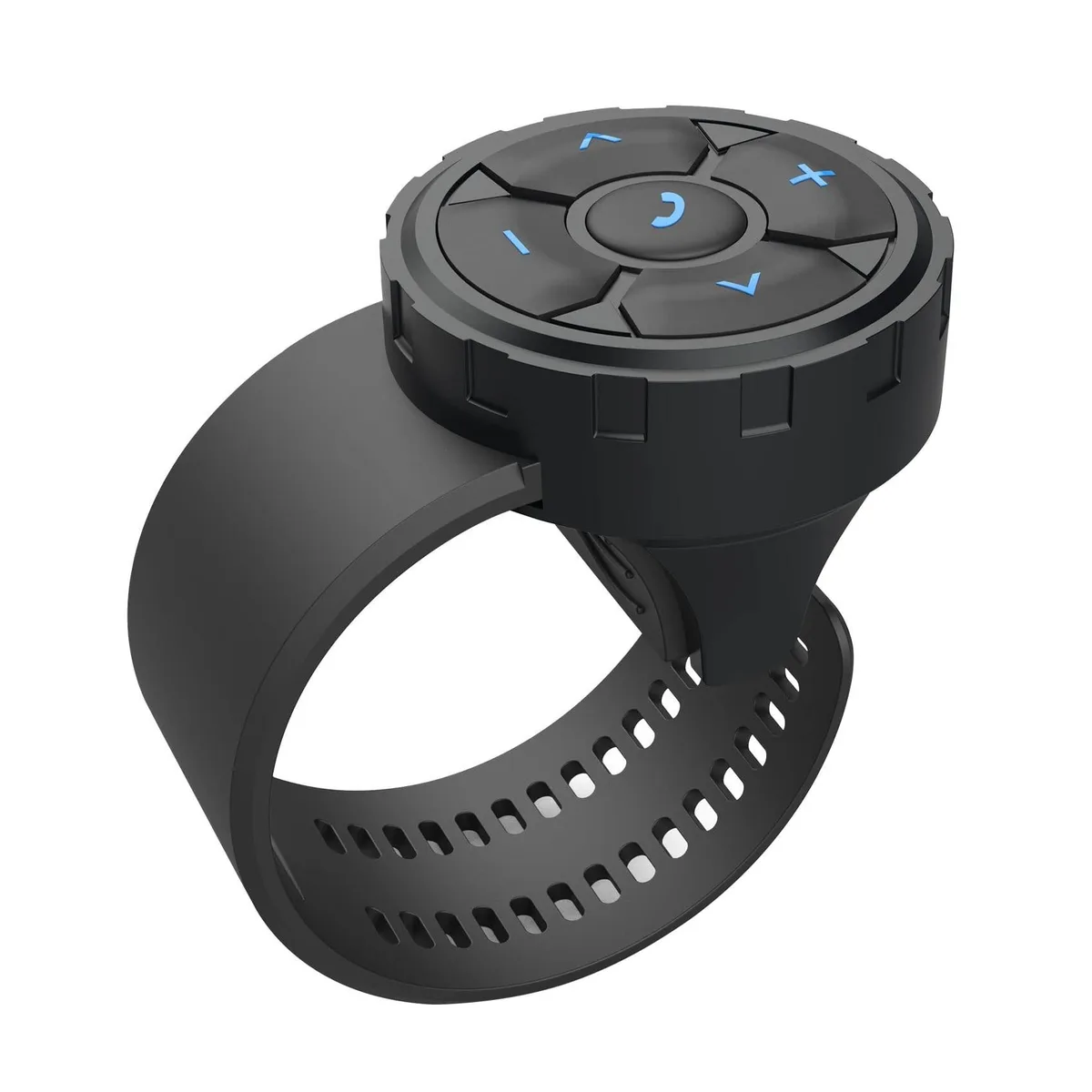 Small black rectangular Bluetooth media remote with strap for steering wheel mounting