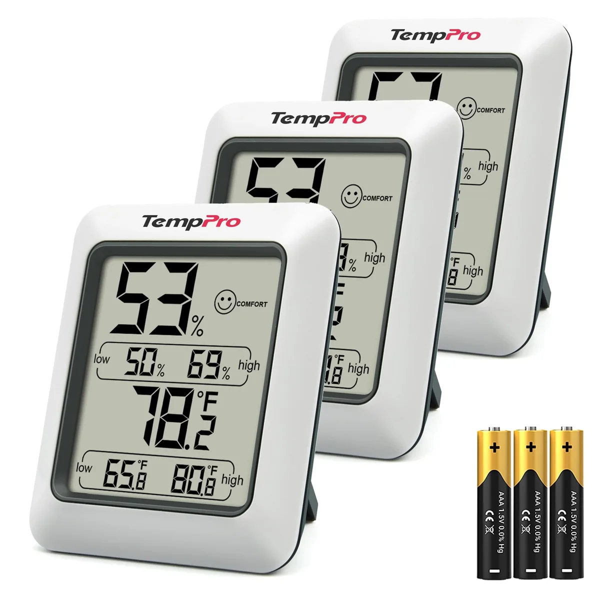 White rectangular digital hygrometer thermometer with LCD display showing temperature and humidity readings