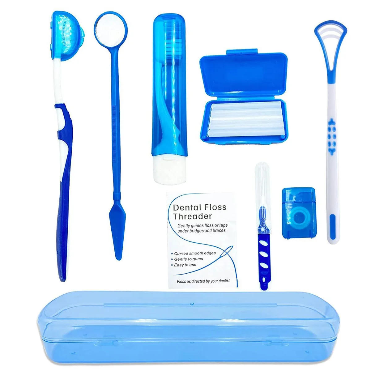 Blue plastic case holding orthodontic brushes, floss, wax and mirror