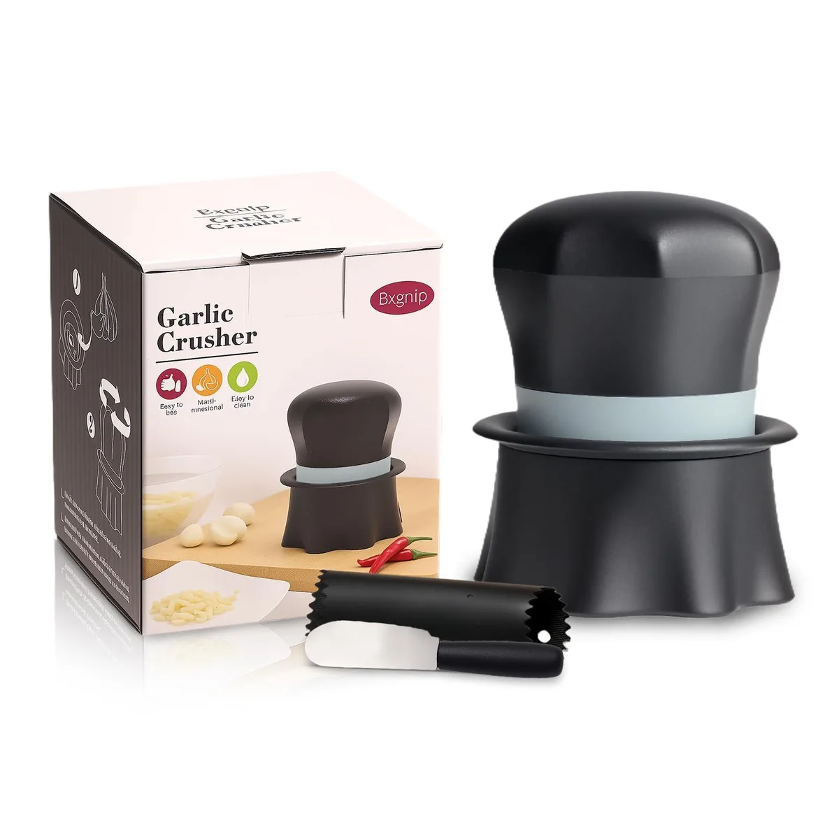 White cylindrical garlic crusher with twist mechanism and peeler attachment