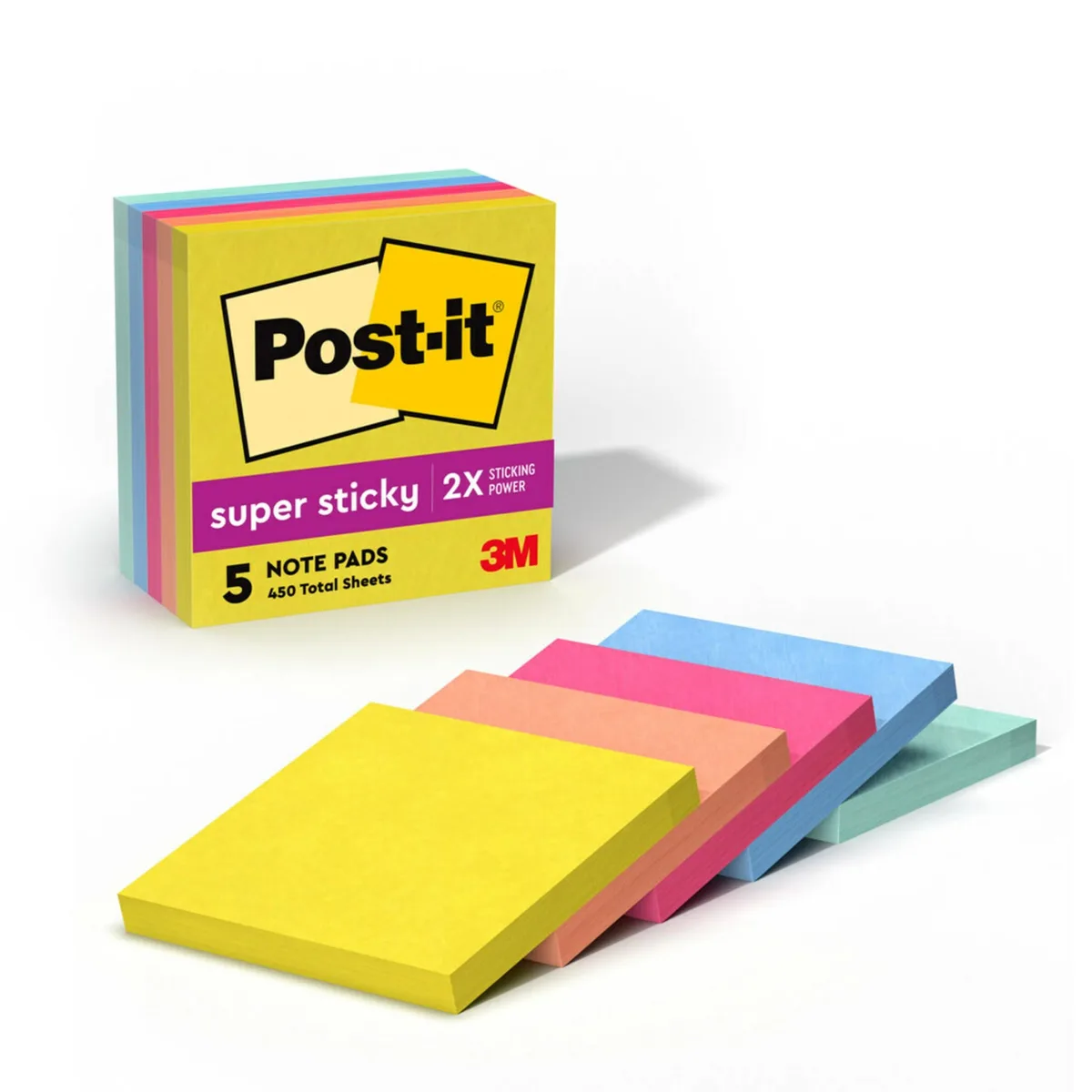 Five square sticky-note pads in bright summer colours, 3 by 3 inches each