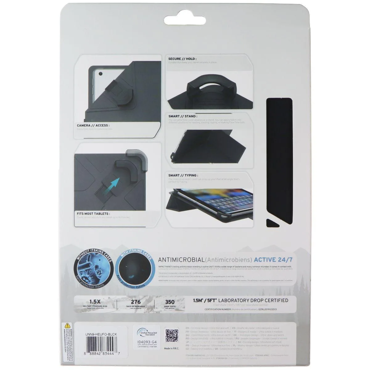 Black folding folio case with integrated stand for tablets up to 10.9 inches
