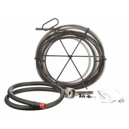 Ridgid drain cleaning cable kit with six coiled cables and assorted augers and cutters