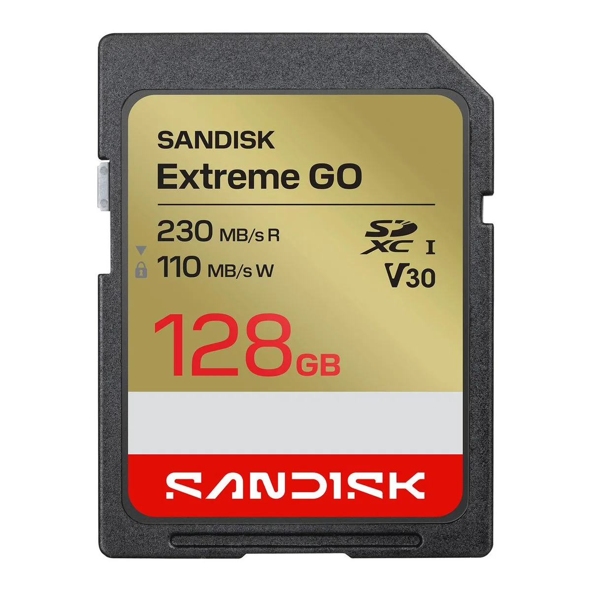 SanDisk Extreme Go SDXC 128GB memory card, red and black label