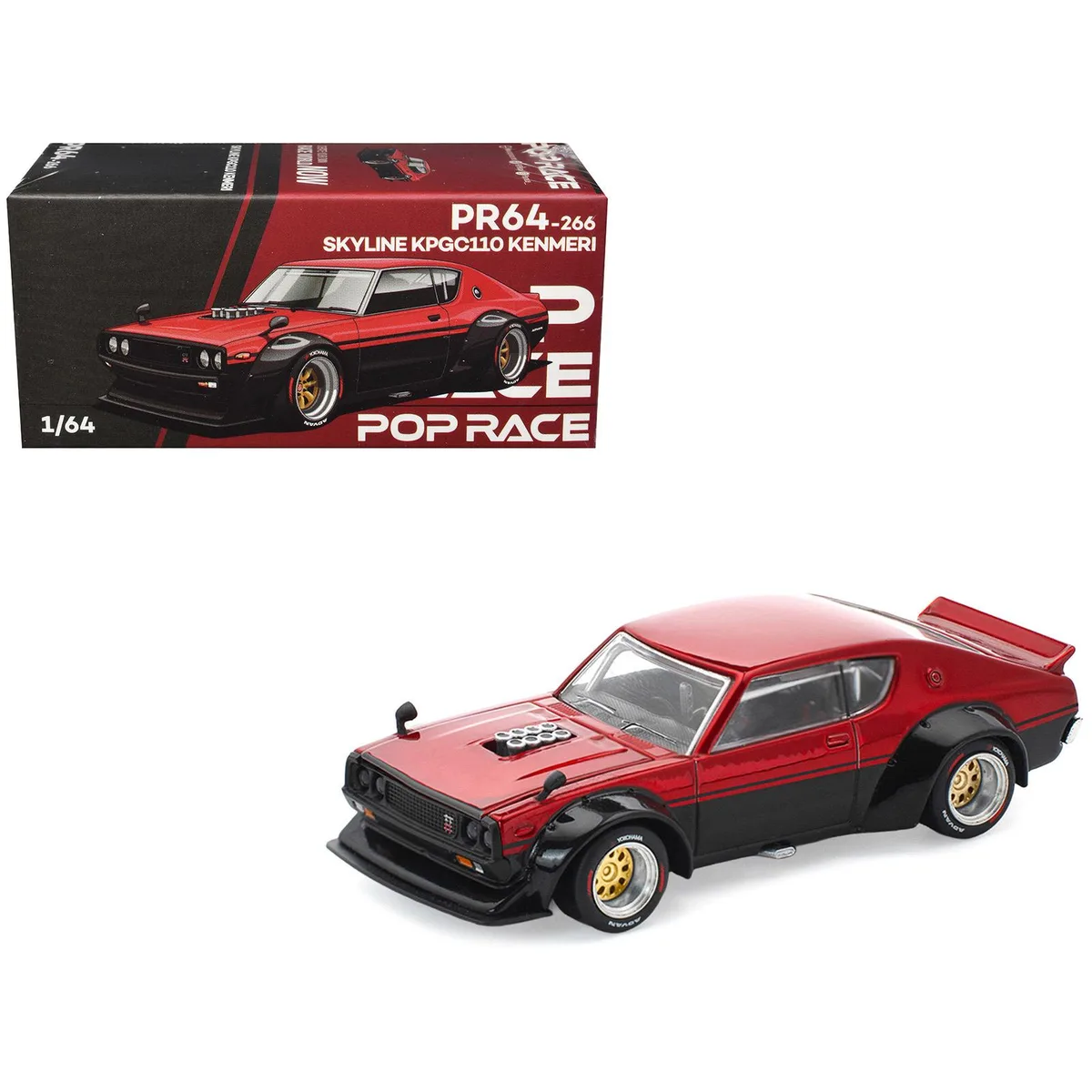 Pop Race Pop Race Skyline KPGC110 Kenmeri RHD Red Metallic Black 1/64 Diecast Hobby Collectible — product photo