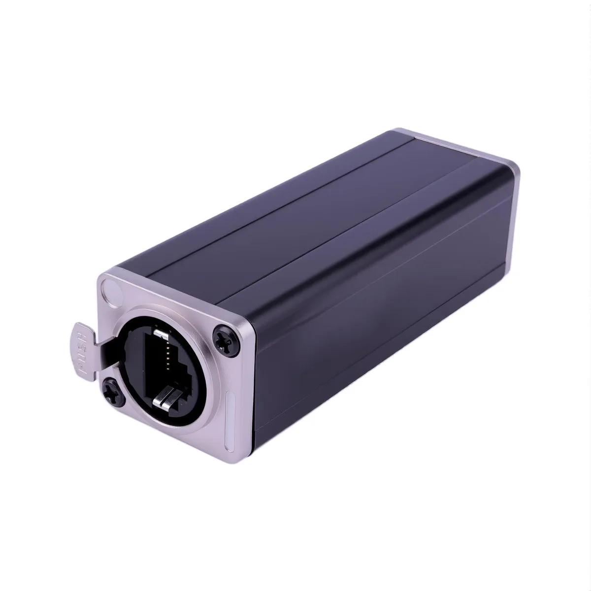 Small rectangular RJ45 inline coupler, matte black plastic body with spring-locking latch, 0.06 lb