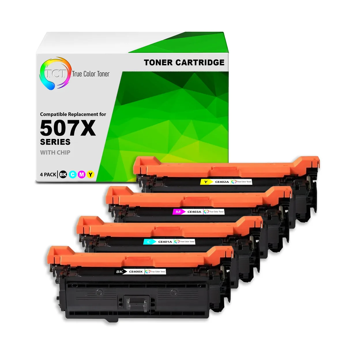 True Color Toner True Color Toner 507X 507A 4 Pack CE400X CE401A CE402A CE403A toner cartridges — product photo