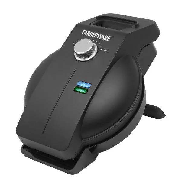 Black waffle maker with 45-degree pour spout and collapsible leg