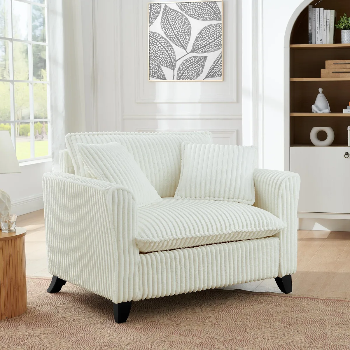 Beige corduroy single chair with tufted backrest, armrests and soft seat cushion