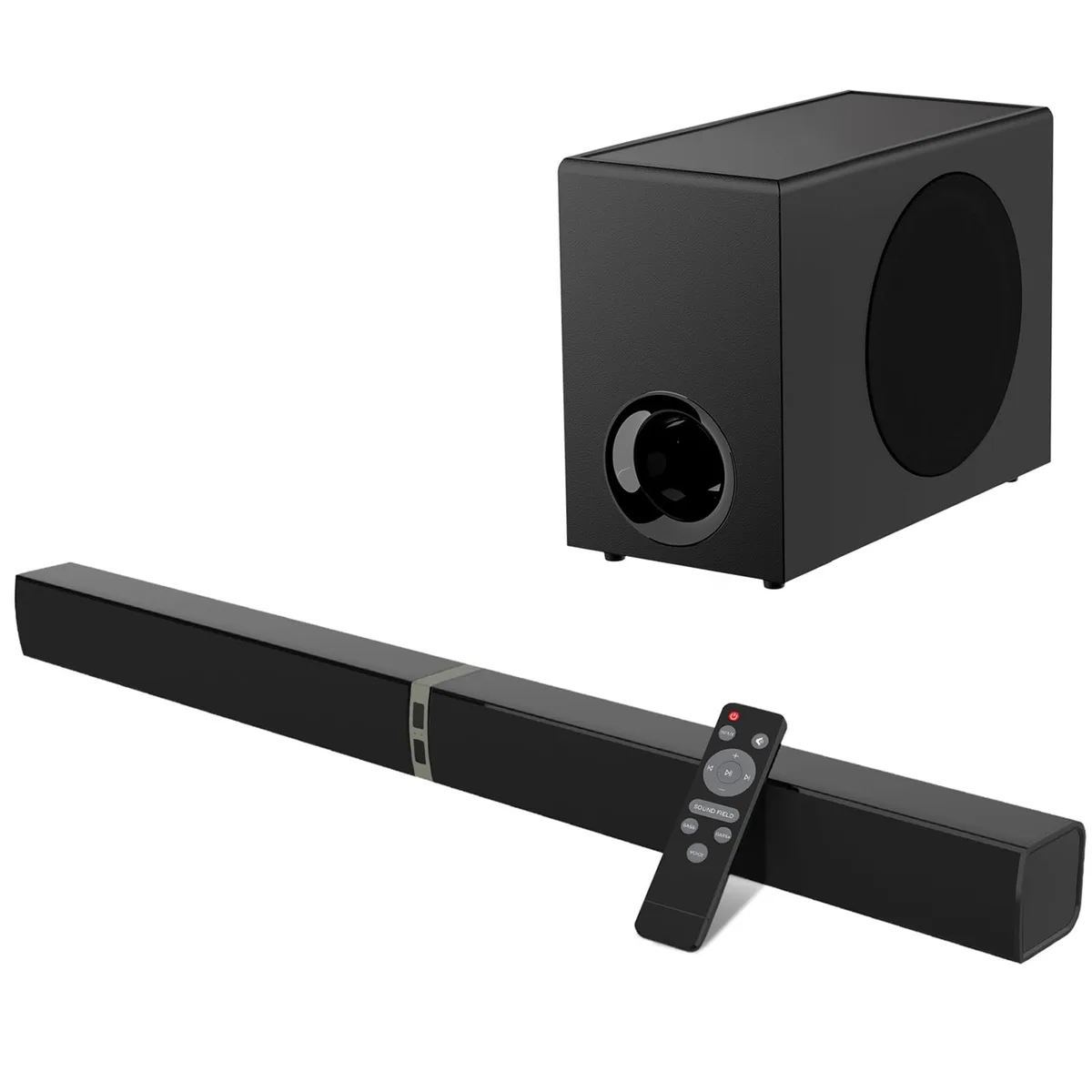 Black soundbar and subwoofer system with remote