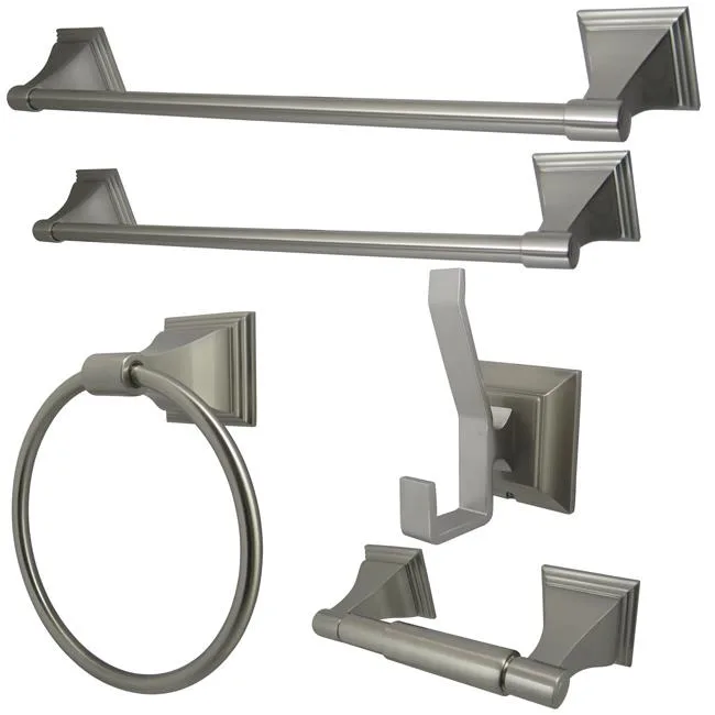 Five-piece satin nickel bath hardware set with 18 and 24 inch towel bars, ring, paper holder and robe hook