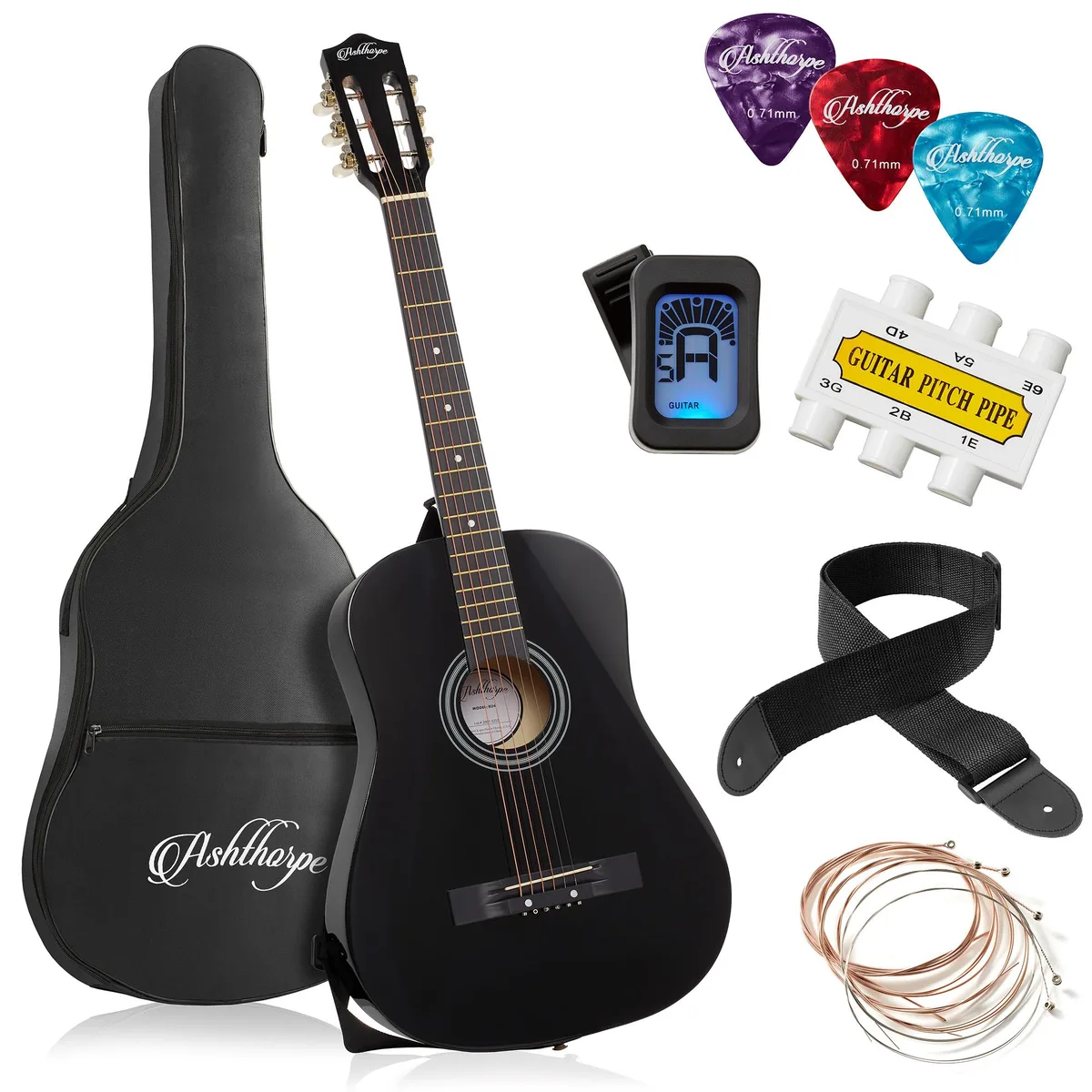 Ashthorpe Ashthorpe 38-inch Acoustic Guitar (Black) Starter Kit — product photo