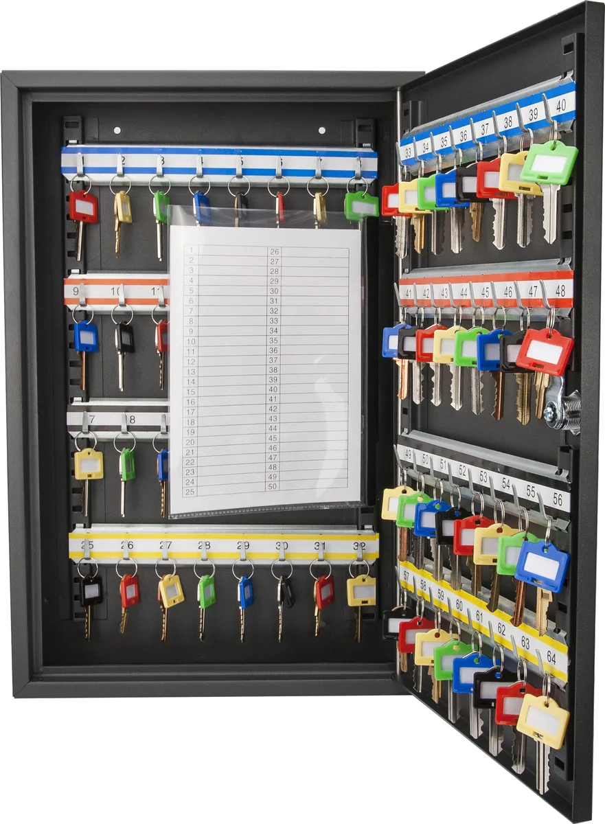 Black solid-steel key lock box with 64 numbered hooks and key index