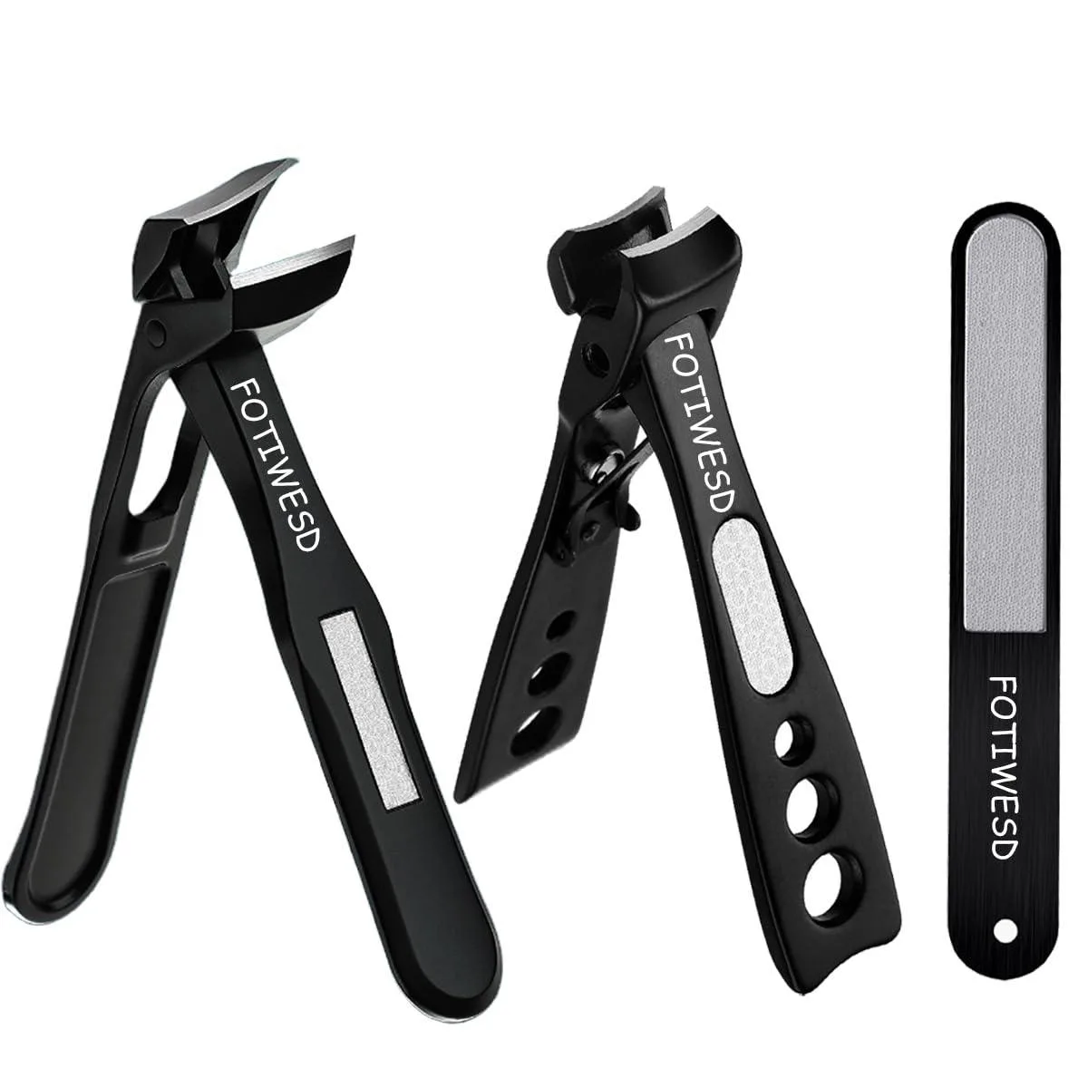 Three-piece nail care set with concave stainless steel clippers and file in black finish