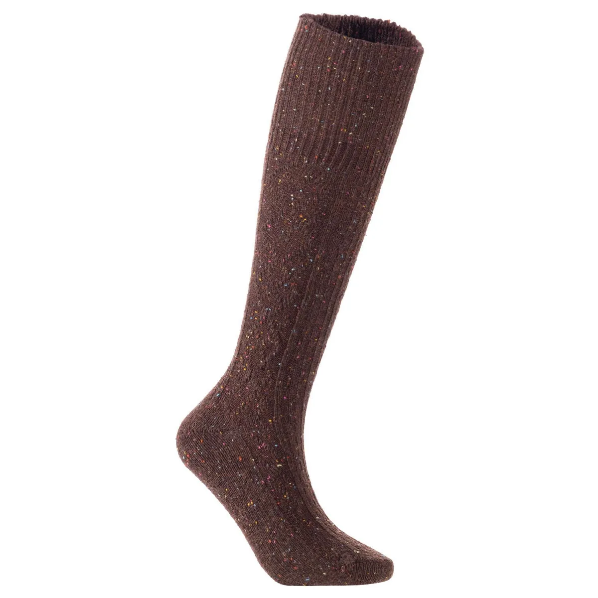 A single pair of wine-coloured knee-high wool boot socks with a ribbed texture