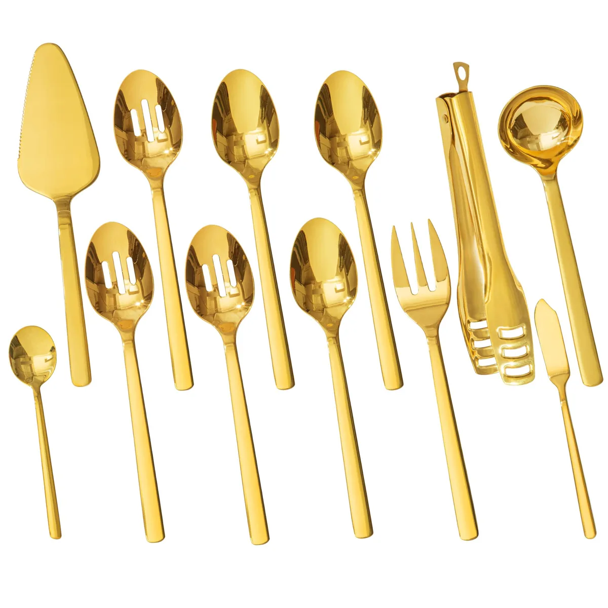 Twelve gold stainless steel serving pieces in a box