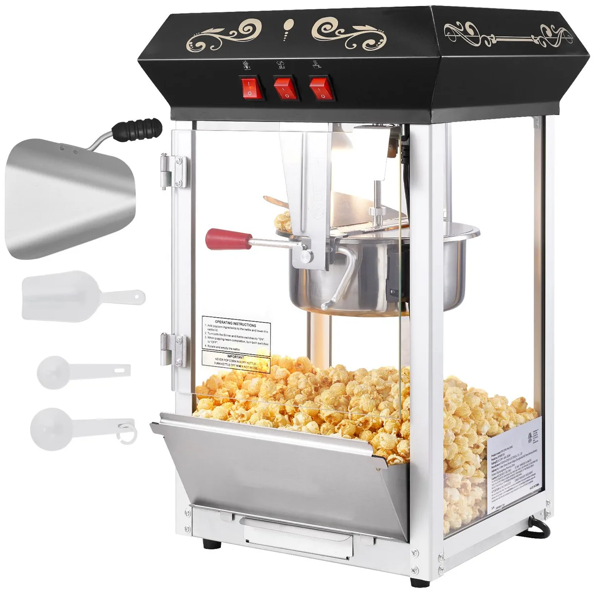 Black countertop popcorn machine with tempered glass panels and 8 oz kettle