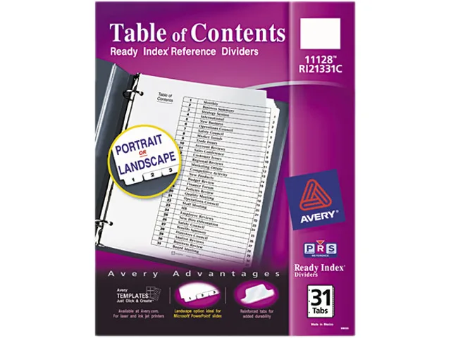 Avery Avery 11128 Index Dividers 31 Tabs White 3-Hole Punched — product photo