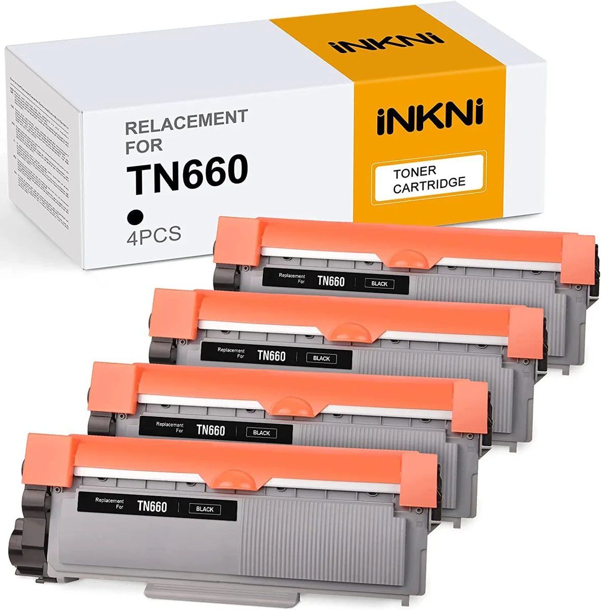Four black toner cartridges in white boxes side by side