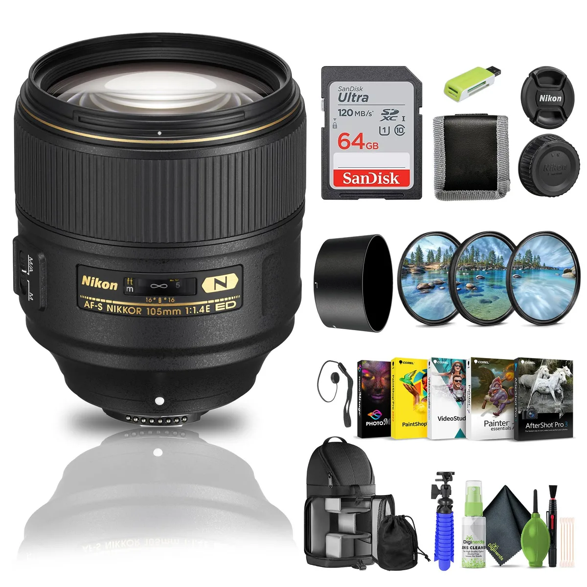 Nikon Inc Nikon AF-S NIKKOR 105mm f/1.4E ED Lens Bundle with 64GB Card, Filter Kit, Backpack, Accessories — product photo