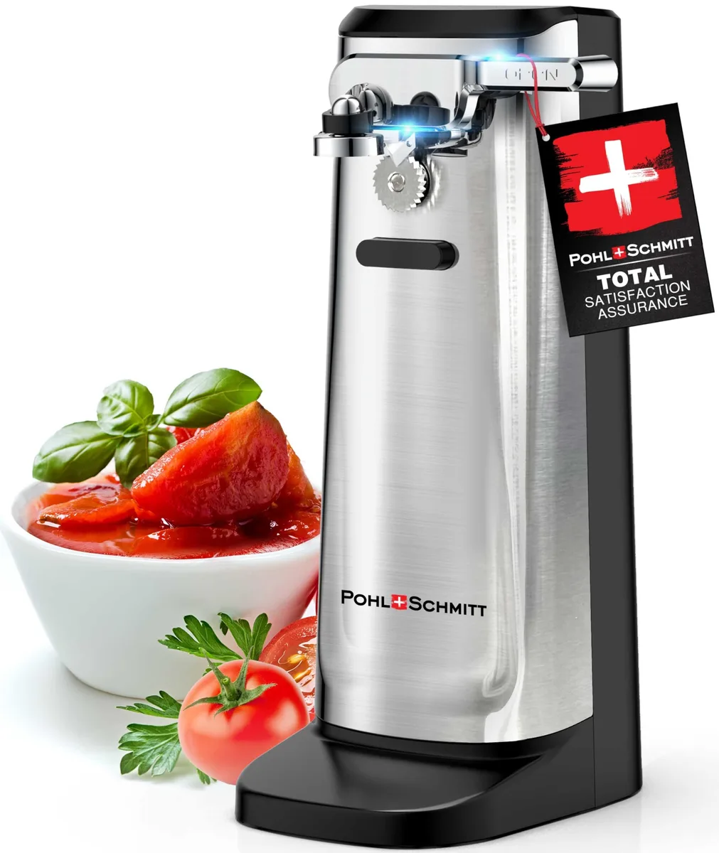 White electric can opener with knife sharpener and bottle opener, vertical rectangular shape