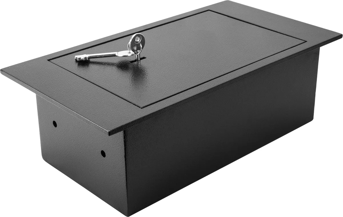 Rectangular steel floor safe with key lock and protective mat