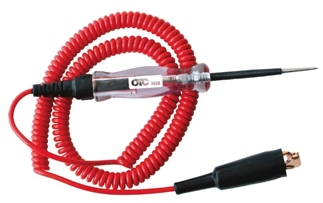 OTC 3630 continuity tester, clear ergonomic handle, stainless steel probe, red coil cord