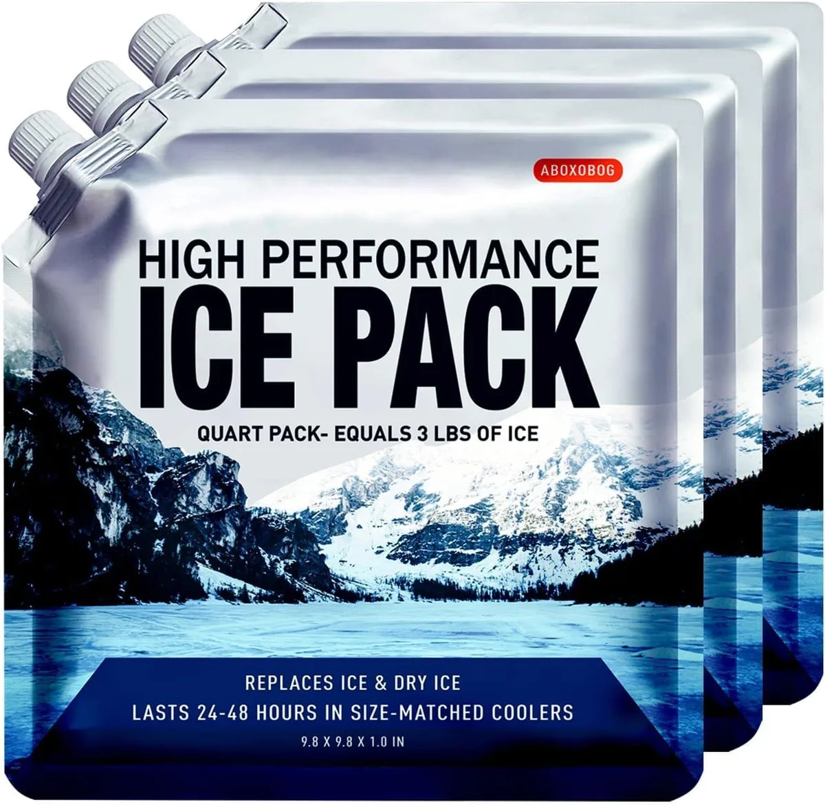 Three red square silicone ice packs with caps and funnel, 9.8 inches each
