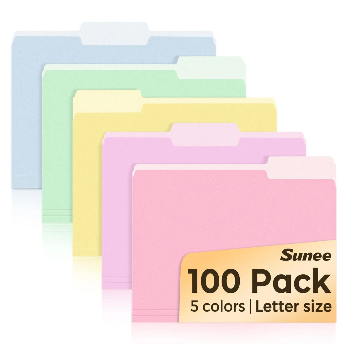 Stack of 100 letter-size manila folders in five bright colours with 1/3-cut tabs