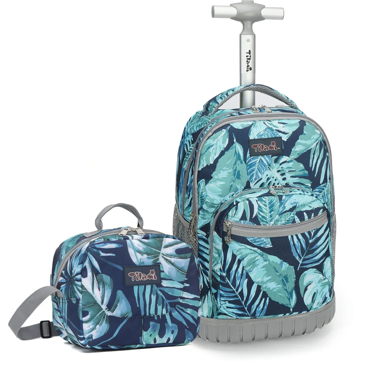 18 inch rolling backpack with wheels, leaf print, extendable handle, padded straps