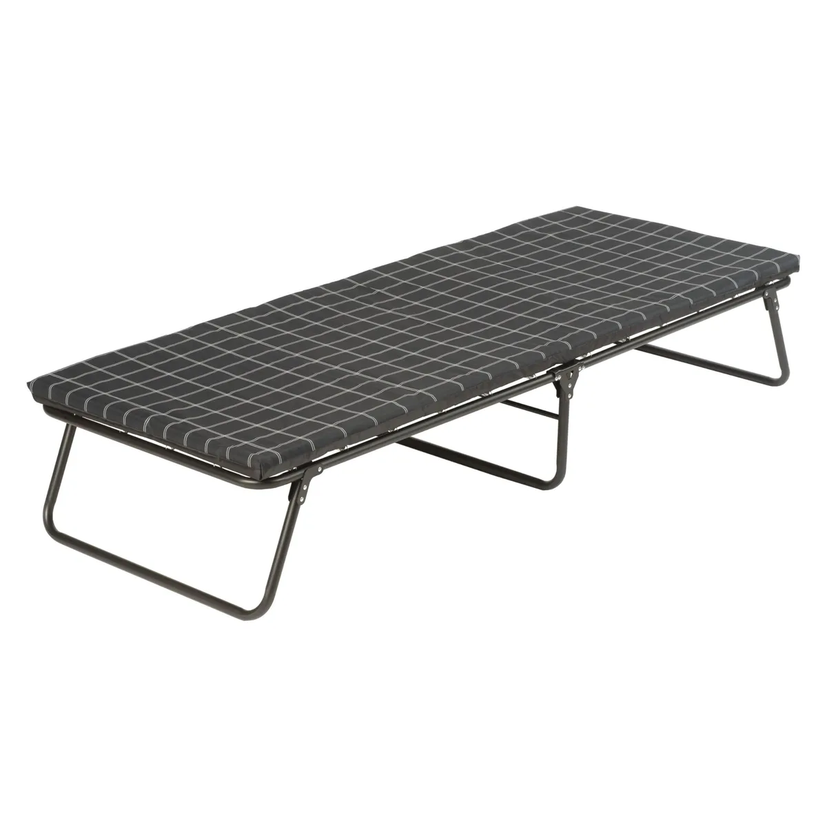 A wide steel folding cot with thick mattress pad, folded flat showing frame and fabric