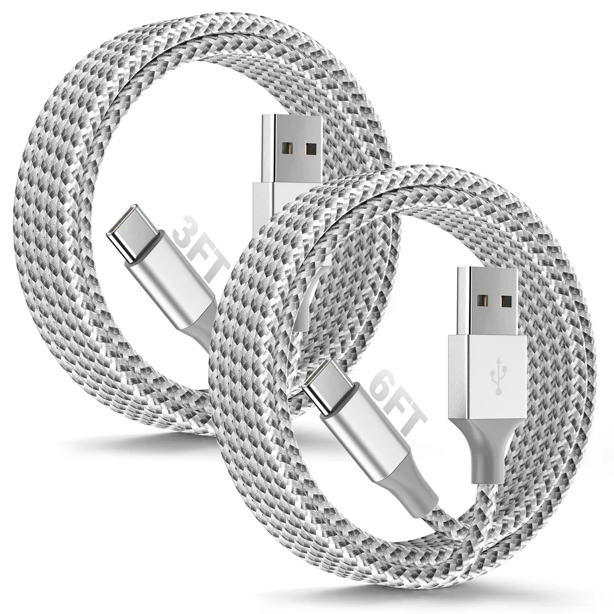 Two grey nylon-braided USB-A to USB-C cables, 3ft and 6ft lengths